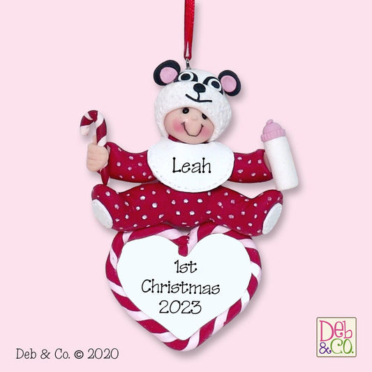 Baby's First Christmas - Baby GIRL or Baby Boy w/Panda Hat - Handmade Polymer Clay Personalized Christmas Ornament