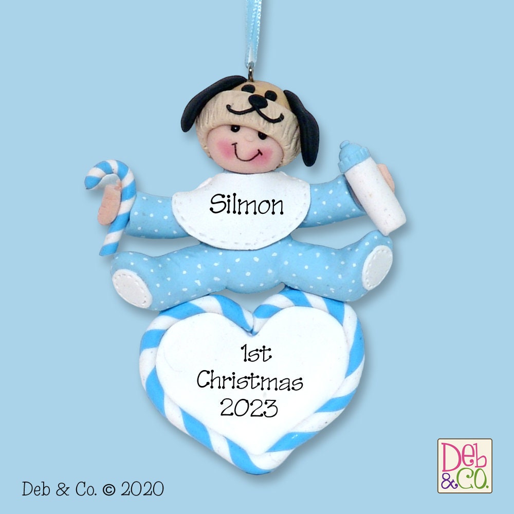 Baby's First Christmas - Baby BOY w/Puppy Dog Hat -Handmade Polymer Clay  Personalized Christmas Ornament