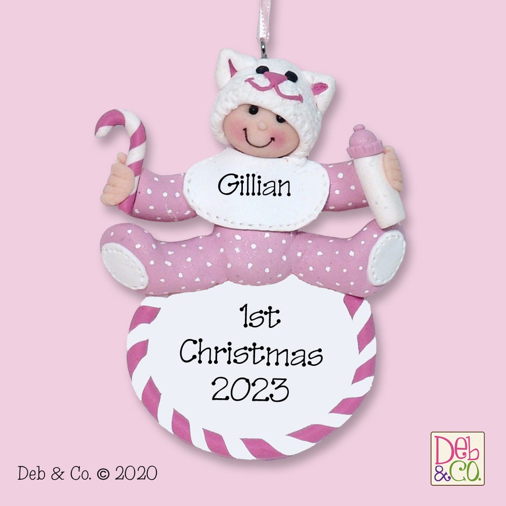 Baby's First Christmas - Baby GIRL w/Kitty Hat - Handmade Polymer Clay Personalized Christmas Ornament