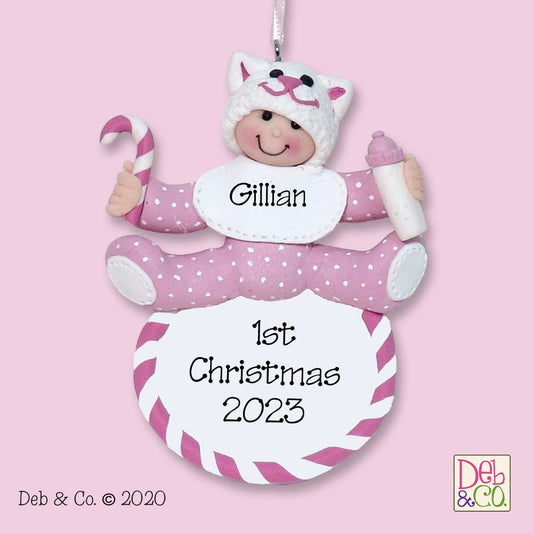 Baby's First Christmas - Baby GIRL w/Kitty Hat - Handmade Polymer Clay Personalized Christmas Ornament