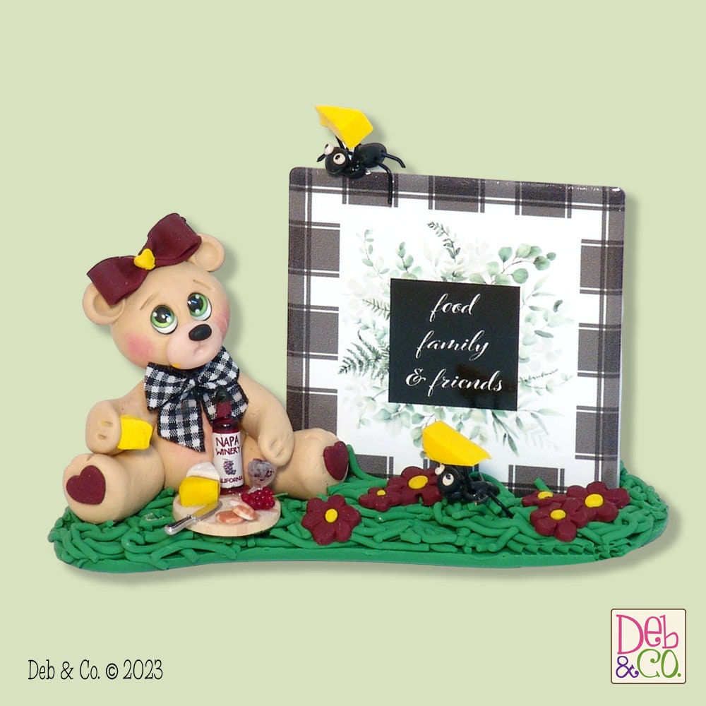 Peggy's Picnic Collectible Bear with Wine & Cheese Handmade Polymer Clay Figurine - Tier Tray Holiday Decor