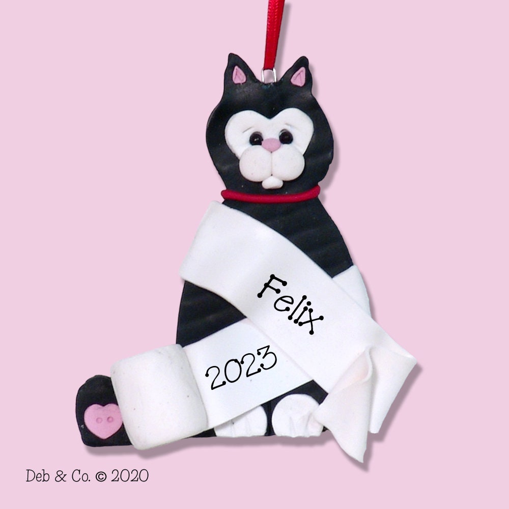 Tuxedo KITTY CAT Wrapped in Toilet Paper HANDMADE Polymer Clay Personalized Christmas Ornament