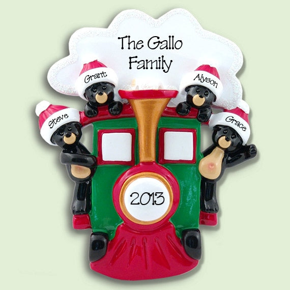 4 BLACK BEARS in Train Personalized Family Ornament - Hand Personalized Christmas Ornament