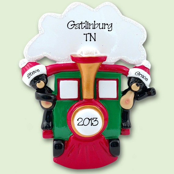 BLACK BEARS in Train Personalized Family Ornament of 2  /Couples Hand Painted RESIN