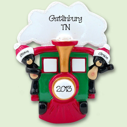 BLACK BEARS in Train Personalized Family Ornament of 2  /Couples Hand Painted RESIN