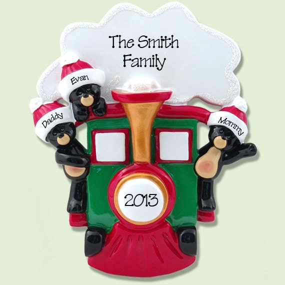 BLACK BEARS in Train Personalized Family Ornament of 3 Hand Painted RESIN