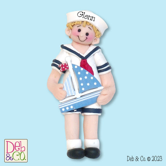 Giggle Gang Boywith Sailboat Handmade Polymer Clay Personalized Christmas Ornament