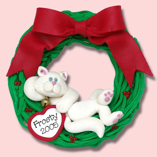 White  Christmas KITTY CAT Laying in Wreath HANDMADE Polymer Clay Personalized Christmas Ornament