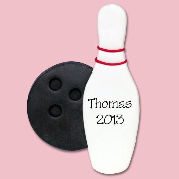 Bowling Pin Personalized Christmas Ornament - Handmade POLYMER CLAY - MATTE Finish