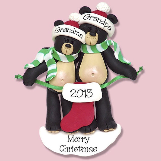 Black Bear Couple w/Stocking HANDMADE POLYMER CLAY Personalized Christmas Ornament