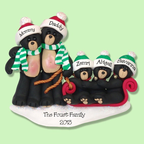 Black Bear Family of 5 in Sled HANDMADE POLYMER CLAY Personalized Christmas Ornament