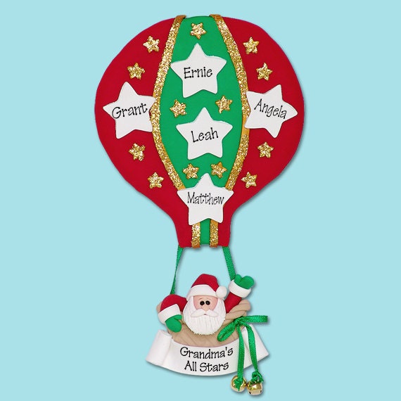 Santa HOT AIR BALLOON Family of 5 HandmadePolymer Clay Personalized Christmas Family Ornament