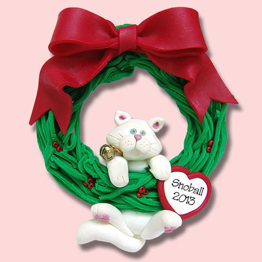 White Christmas KITTY CAT in Wreath HANDMADE Polymer Clay Personalized Christmas Ornament