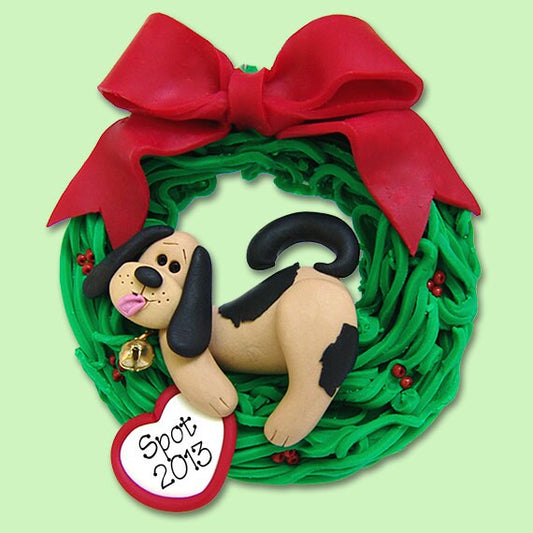 PUPPY DOG Laying in Wreath HANDMADE Polymer Clay Personalized Christmas Ornament