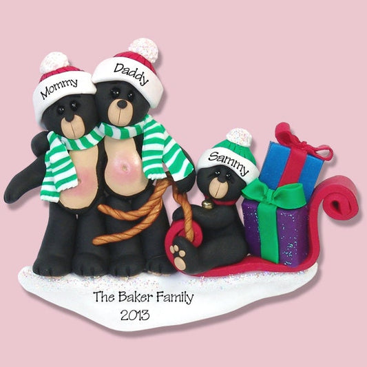 Black Bear Family of 3 in Sled, HANDMADE POLYMER CLAY, Personalized Christmas Ornaments, Custom Ornaments