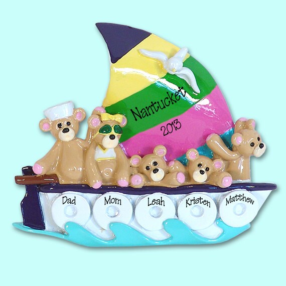 Belly Bear Family of 4 in Sailboat  RESIN Personalized Christmas Ornament