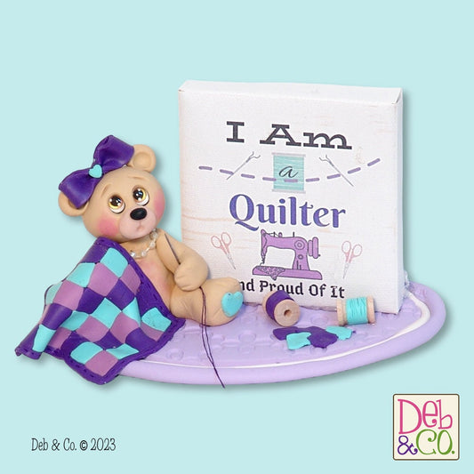 Quinnlyn the Quilter Collectible Bear with Quilt Handmade Polymer Clay Figurine - Tier Tray Holiday Decor