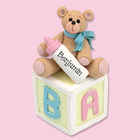 Baby Bear on Block - Baby's First Christmas Personalized Ornament  - HANDMADE Polymer Clay Ornament