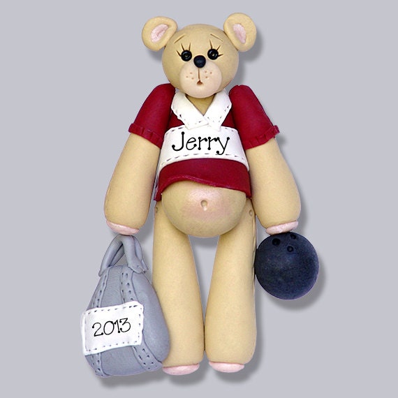 Personalized Christmas Ornaments, Belly Bear Bowler, HANDMADE POLYMER Clay, Personalized Christmas Ornament, Bowler Ornament, Bowling, SALE!