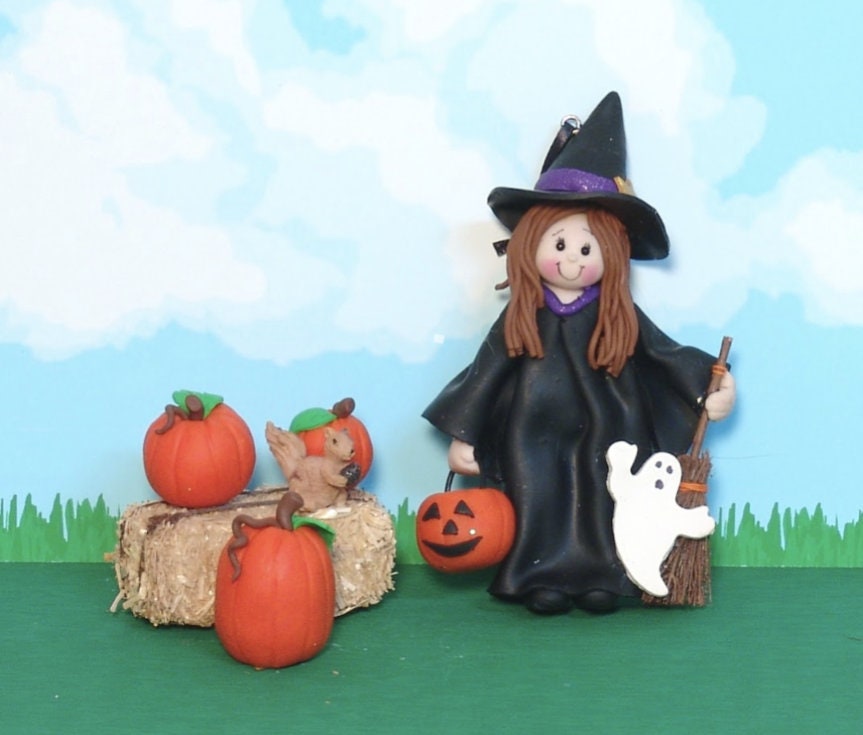 Personalized girl in Witch Costume HANDMADE POLYMER CLAY Personalized Halloween Ornament