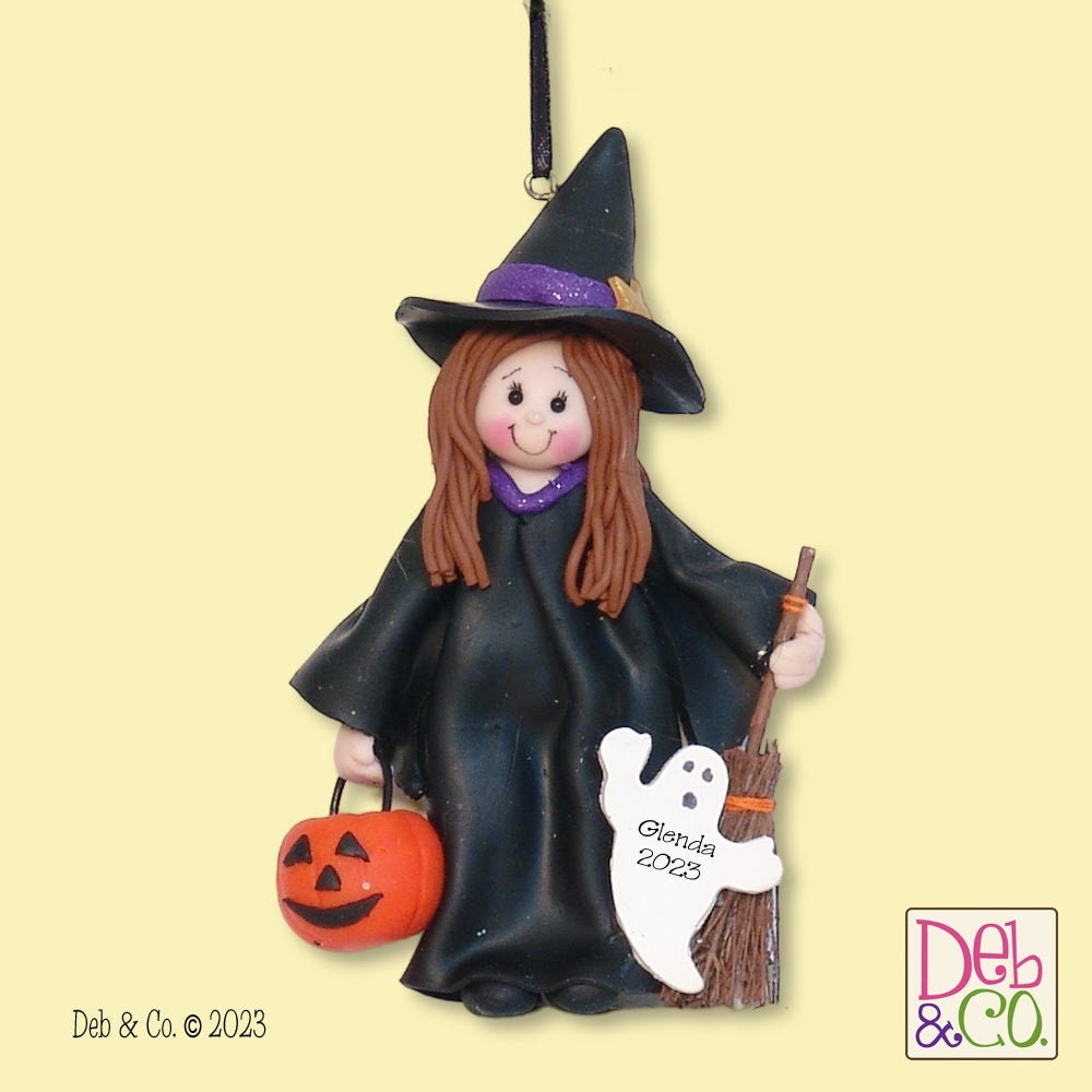 Personalized girl in Witch Costume HANDMADE POLYMER CLAY Personalized Halloween Ornament