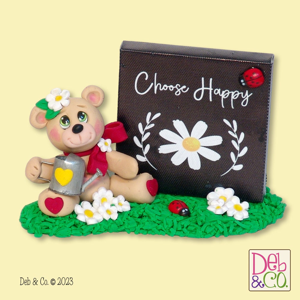 Happy Henry's Daisy Patch Collectible Bear with "Choose Happy" Canvas Plaque - Tiered Tray Decor