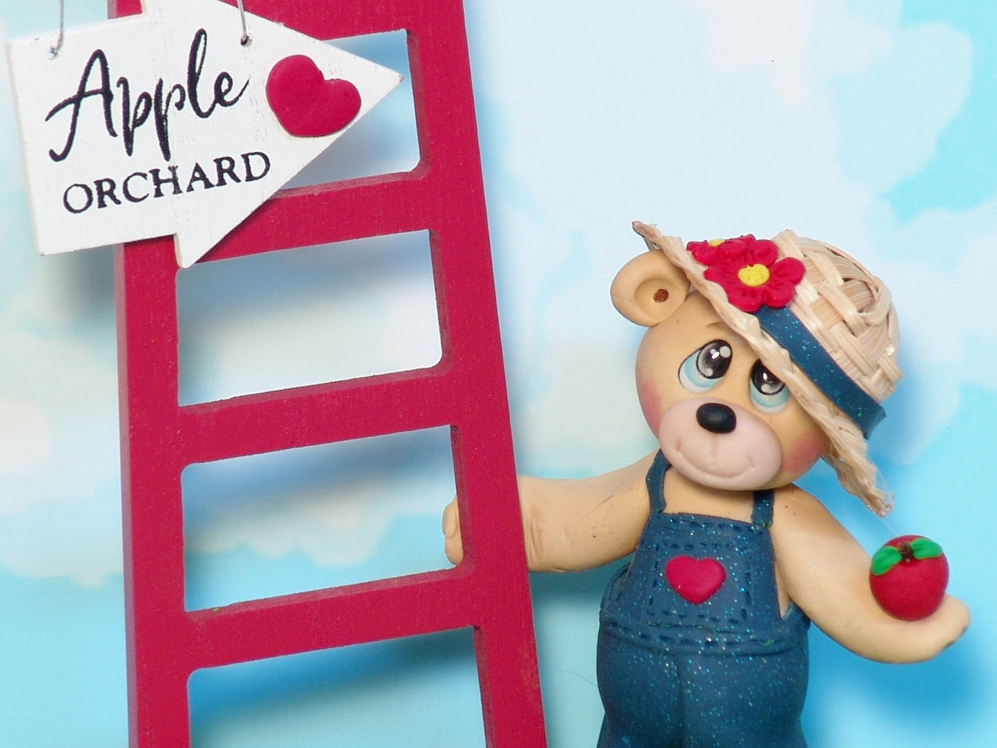 Andy's Apple Orchard - Bear with Wooden Ladder Handmade Polymer Clay Figurine Fall Decor