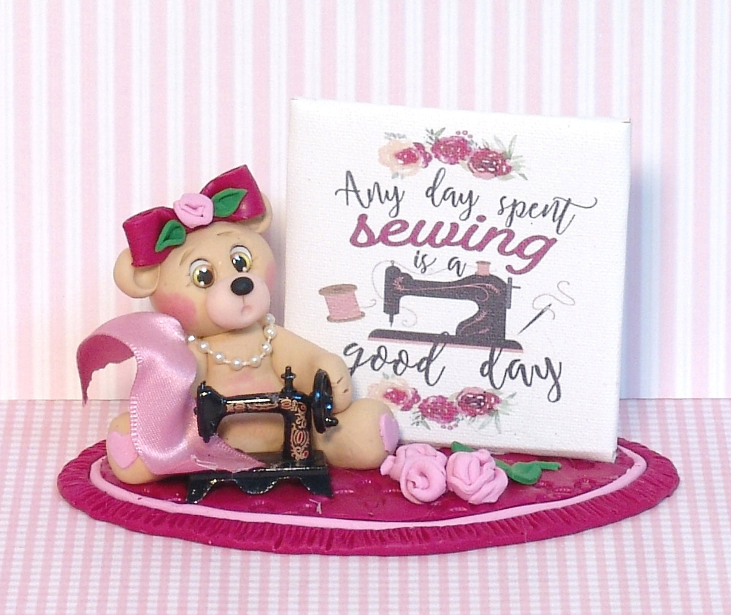 Selina's Sewing Shop Collectible Bear Sewing Machine Polymer Clay Figurine - Tier Tray Decor