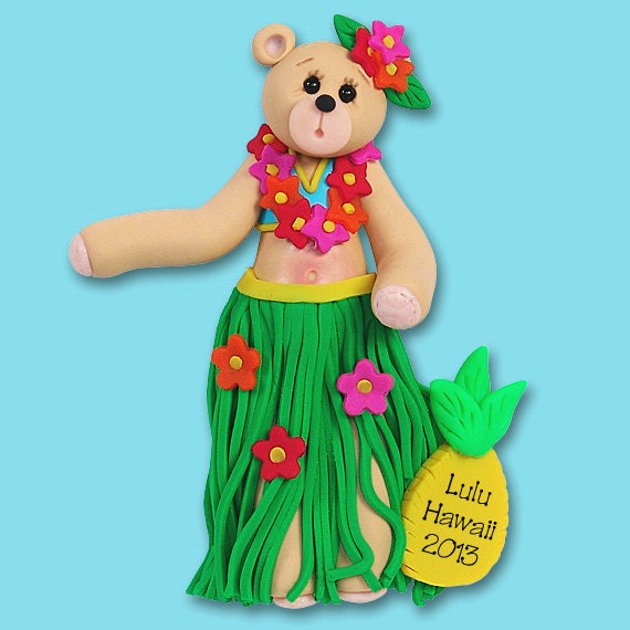 Vacation Ornaments - Hulabell Belly Bear HULA DANCER Personalized Christmas Ornaments - Handmade Polymer Clay- Hawaiian Souvenir