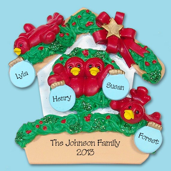 Robin Family of 3 in Birdhouse HAND PAINTED RESIN Personalized Christmas Ornament