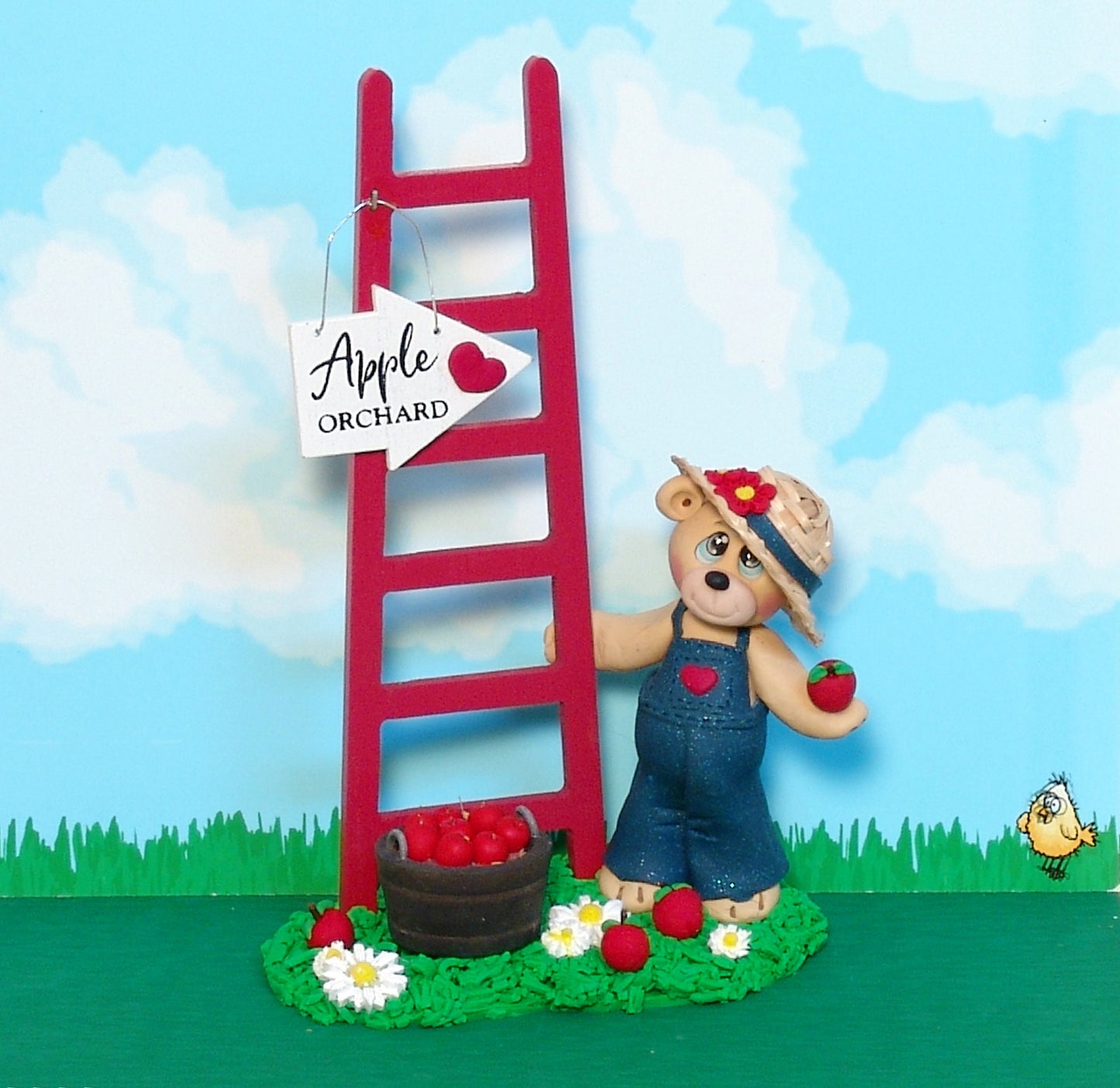 Andy's Apple Orchard - Bear with Wooden Ladder Handmade Polymer Clay Figurine Fall Decor