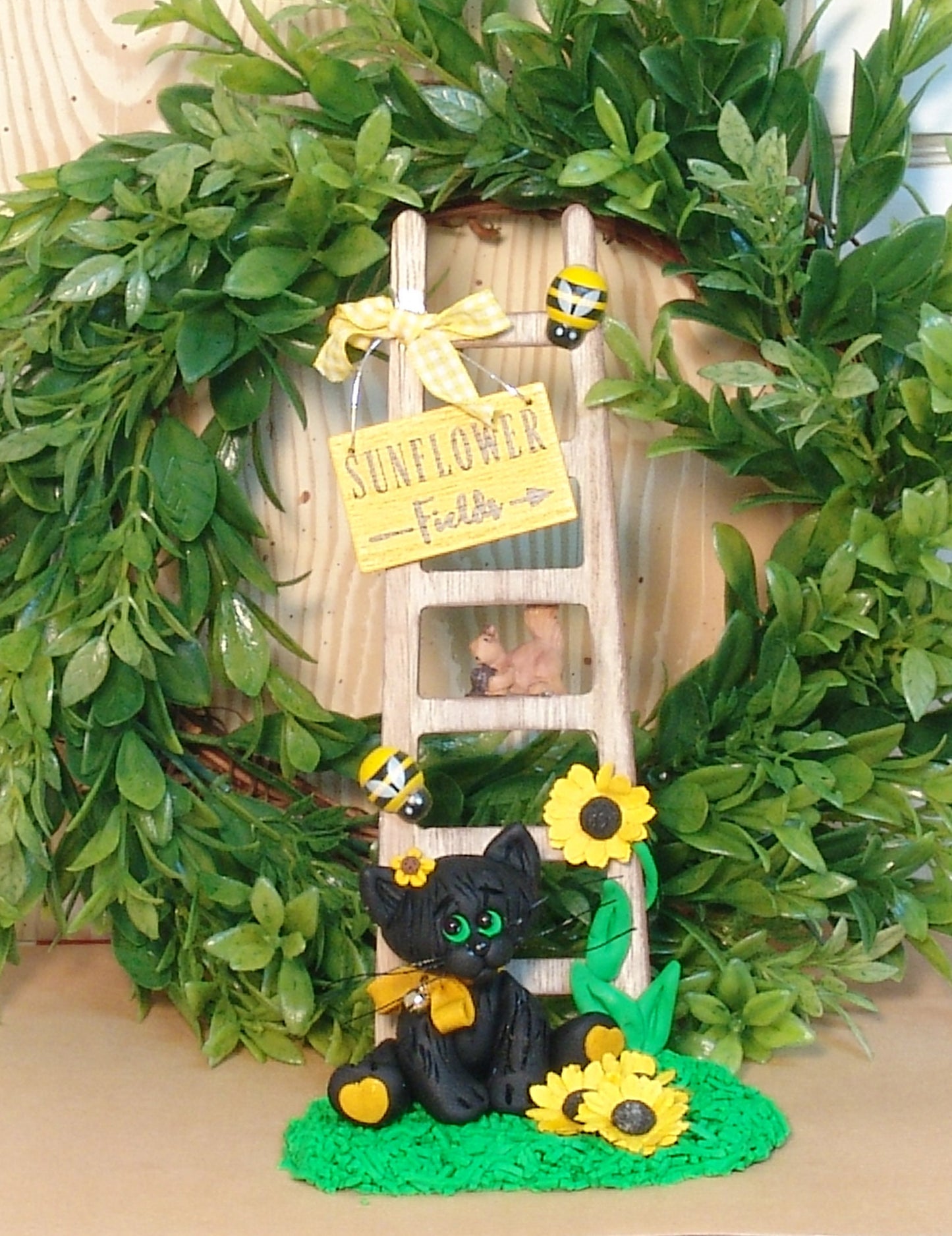 Spooky's Sunflowers - Black Cat with Sunflowers and Wooden Ladder Fall Decor