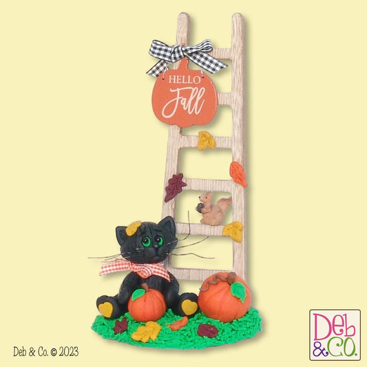 Spooky's "Hello Fall" - Black Cat with Pumpkins and Wooden Ladder Fall Decor