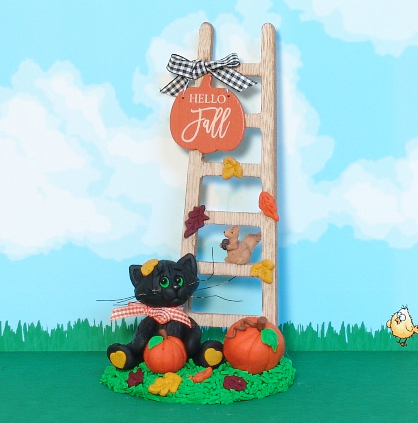 Spooky's "Hello Fall" - Black Cat with Pumpkins and Wooden Ladder Fall Decor