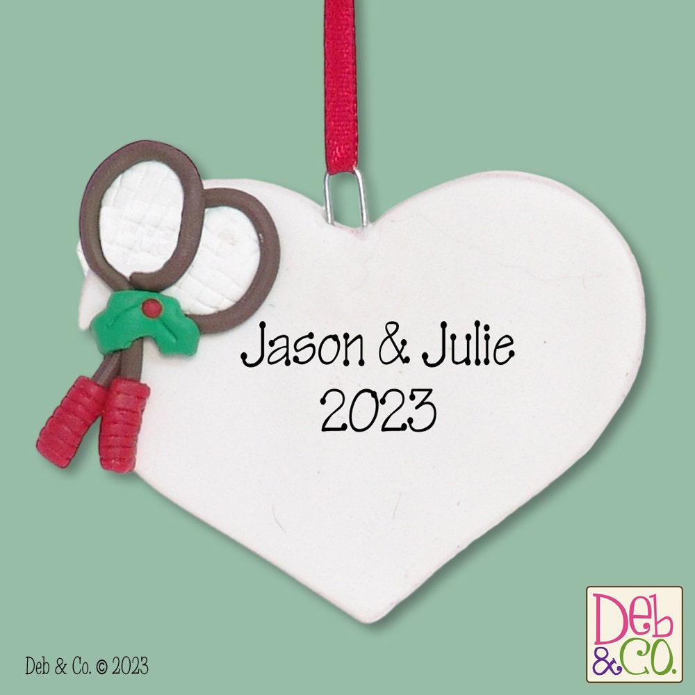 Heart with Two Tennis Rackets HANDMADE POLYMER CLAY Personalized Christmas Ornament