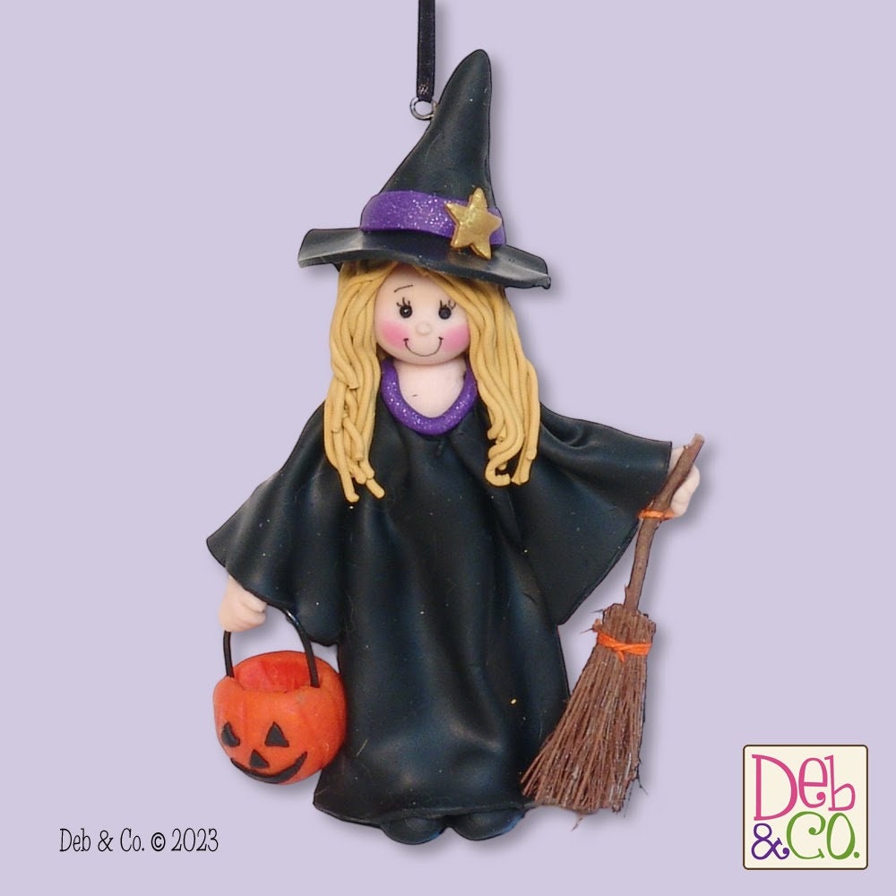 Personalized girl in Witch Costume HANDMADE POLYMER CLAY Personalized Halloween Ornament