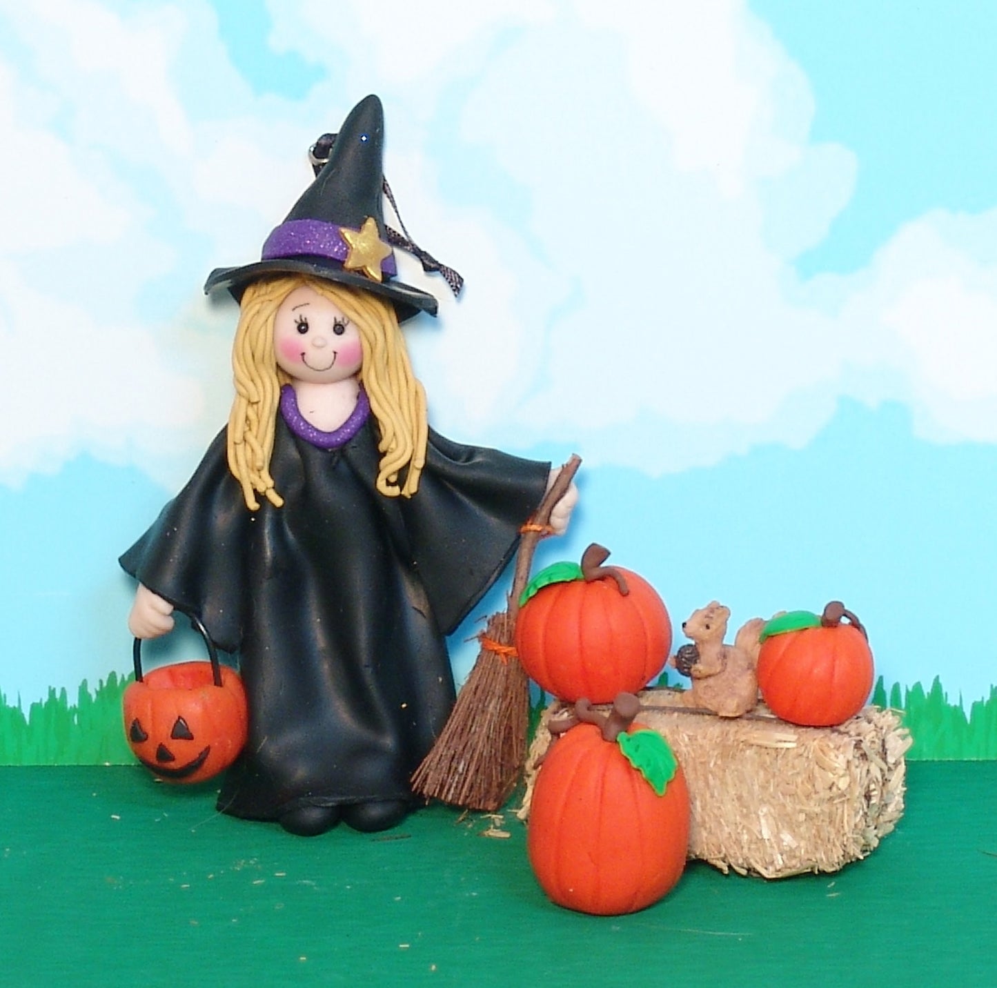 Personalized girl in Witch Costume HANDMADE POLYMER CLAY Personalized Halloween Ornament