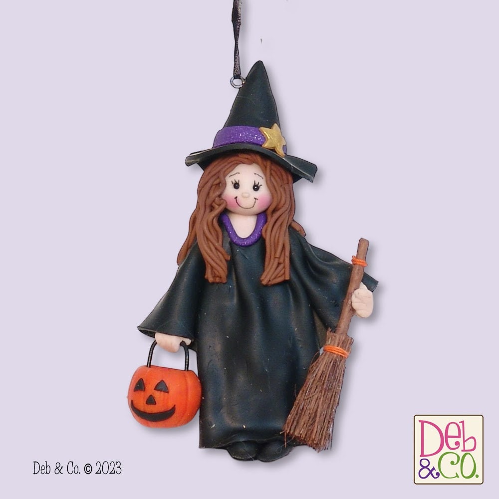 Personalized girl in Witch Costume HANDMADE POLYMER CLAY Personalized Halloween Ornament