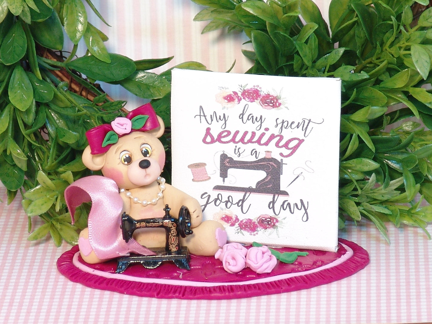 Selina's Sewing Shop Collectible Bear Sewing Machine Polymer Clay Figurine - Tier Tray Decor