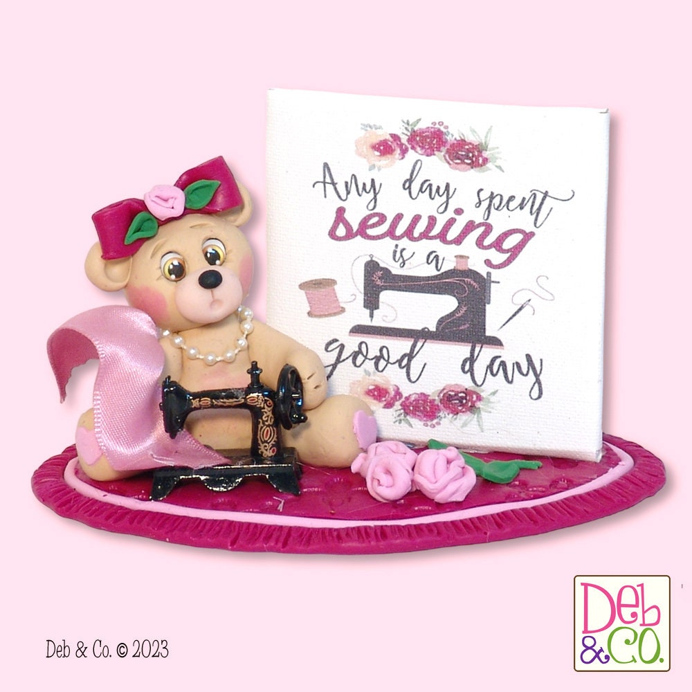 Selina's Sewing Shop Collectible Bear Sewing Machine Polymer Clay Figurine - Tier Tray Decor