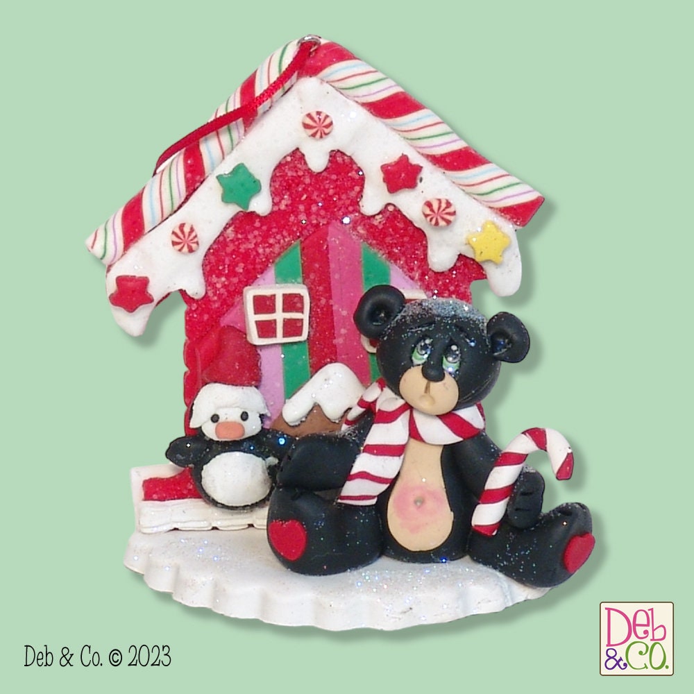 Black Bear with Gingerbread House HANDMADE POLYMER CLAY Christmas Figurine