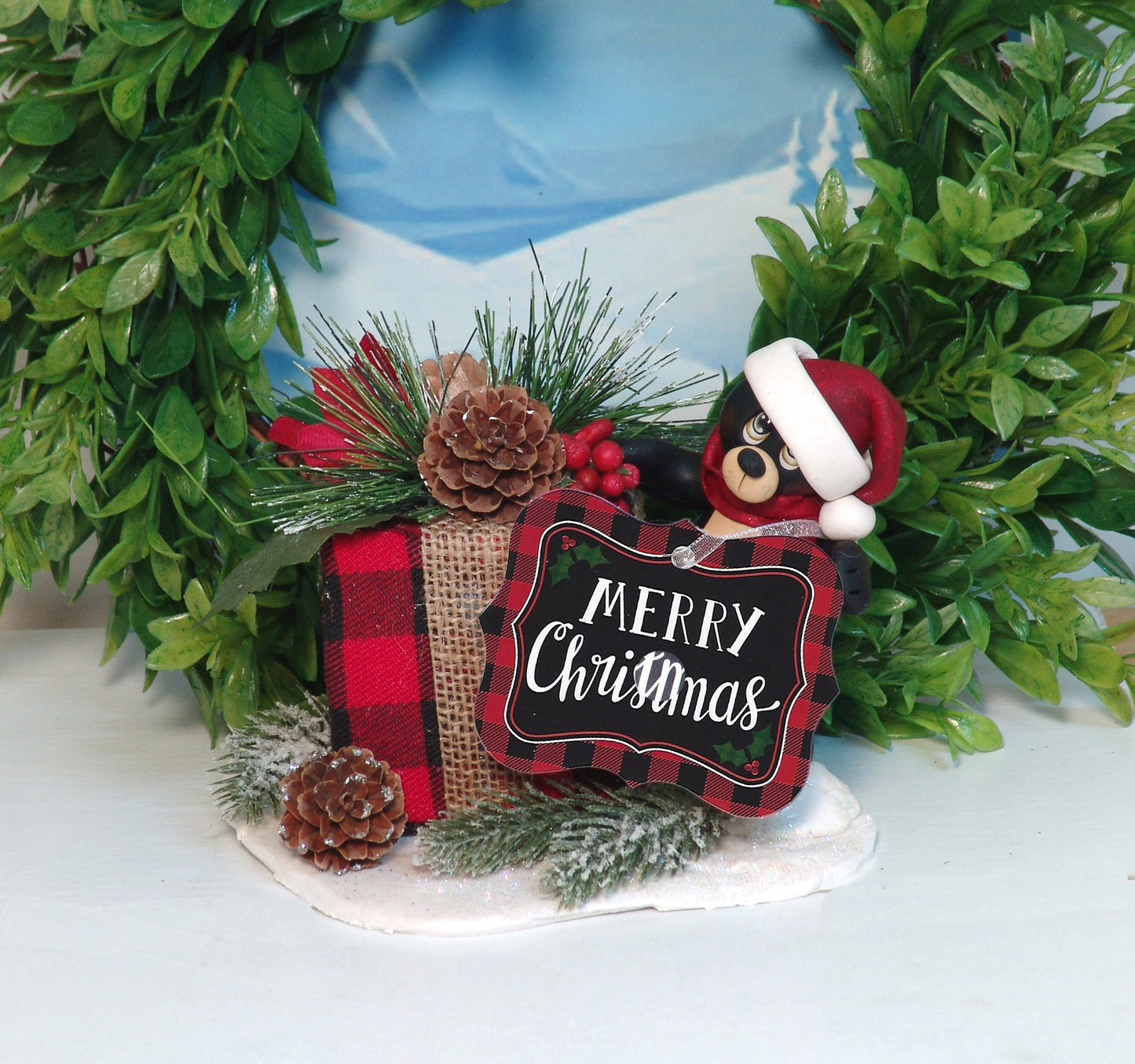 Black Bear with Gift & Pine Cones HANDMADE POLYMER CLAY Christmas Figurine - Tiered Tray Decor