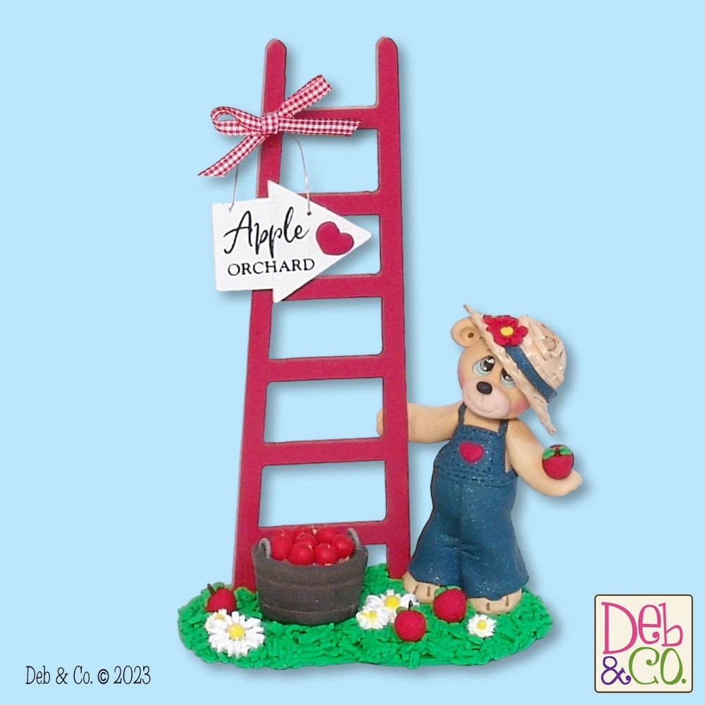 Andy's Apple Orchard - Bear with Wooden Ladder Handmade Polymer Clay Figurine Fall Decor