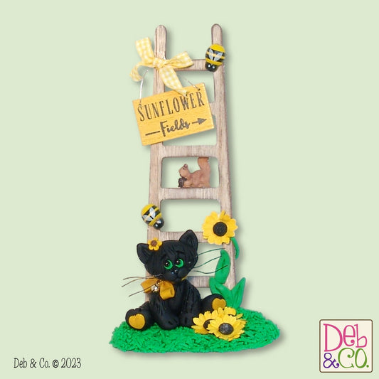 Spooky's Sunflowers - Black Cat with Sunflowers and Wooden Ladder Fall Decor