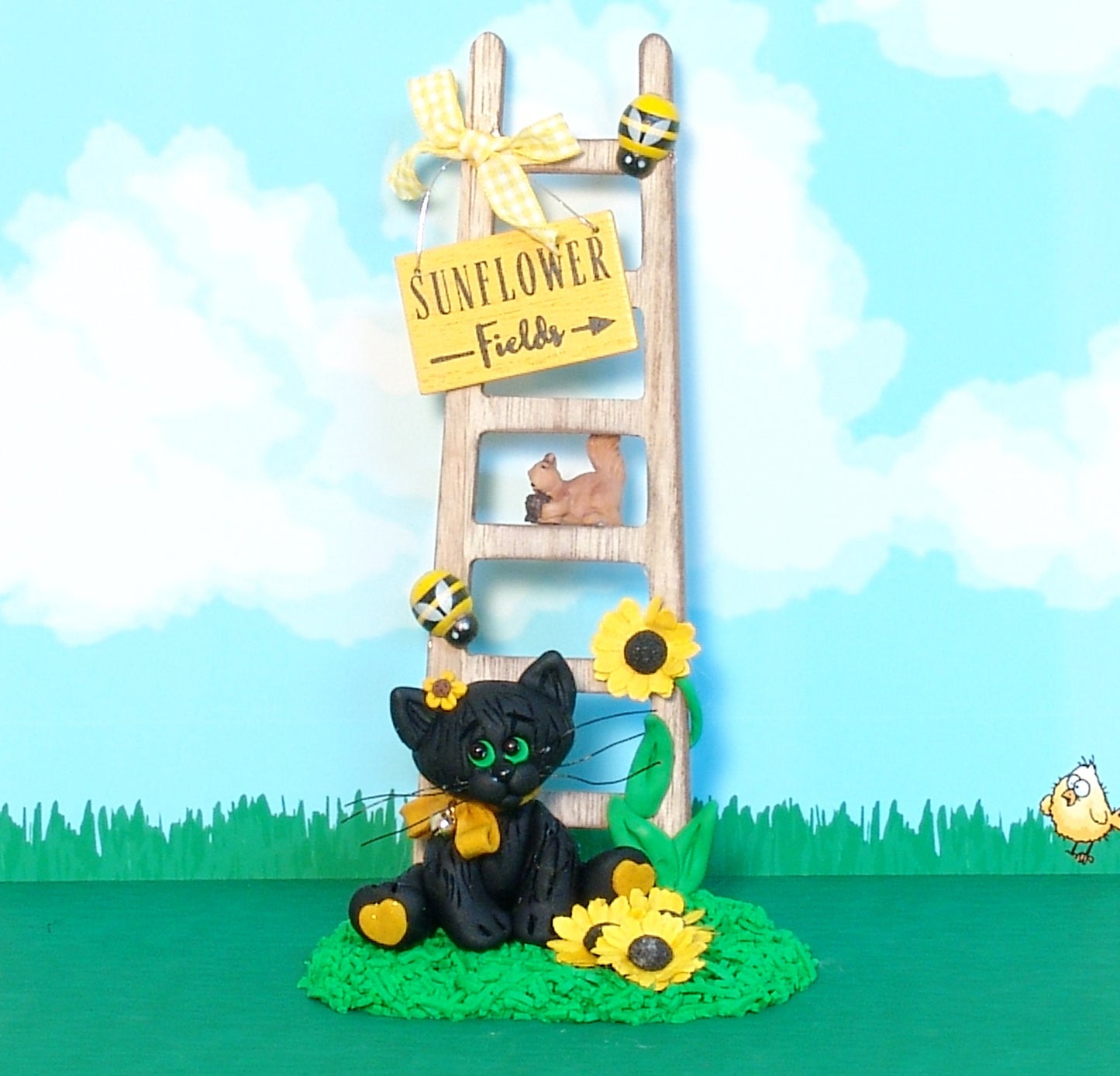 Spooky's Sunflowers - Black Cat with Sunflowers and Wooden Ladder Fall Decor