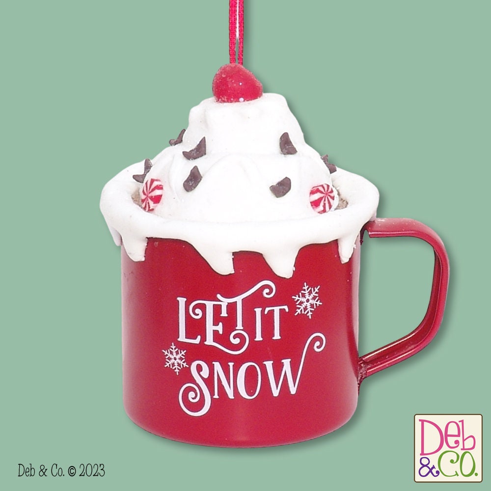 Tin Coffee Cup of Hot Chocolate with "Let it Snow" HANDMADE POLYMER CLAY Christmas Ornament