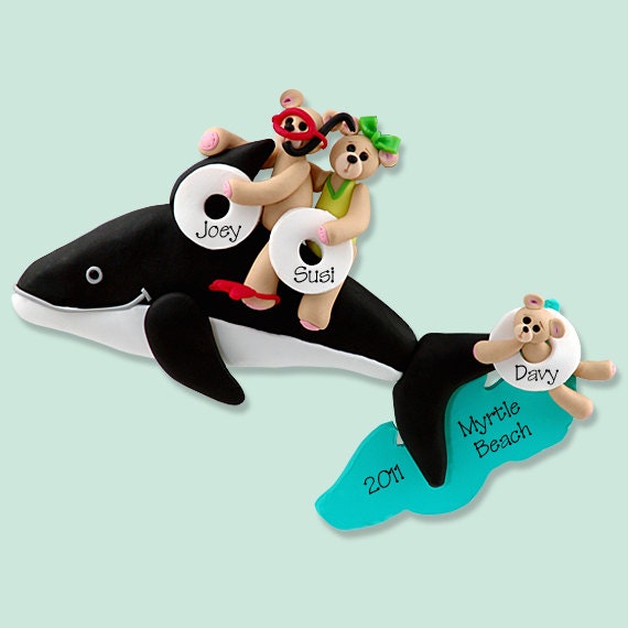 Belly Bear Family of 3 on Whale POLYMER CLAY Personalized Christmas Ornament