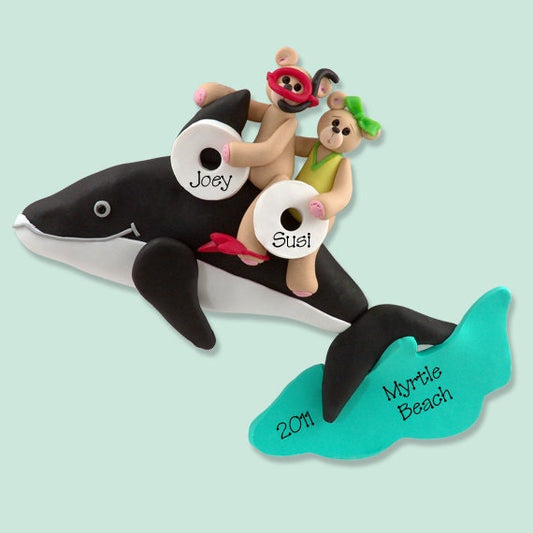 Belly Bear Family of 2 COUPLES on Whale POLYMER CLAY Personalized Christmas Ornament