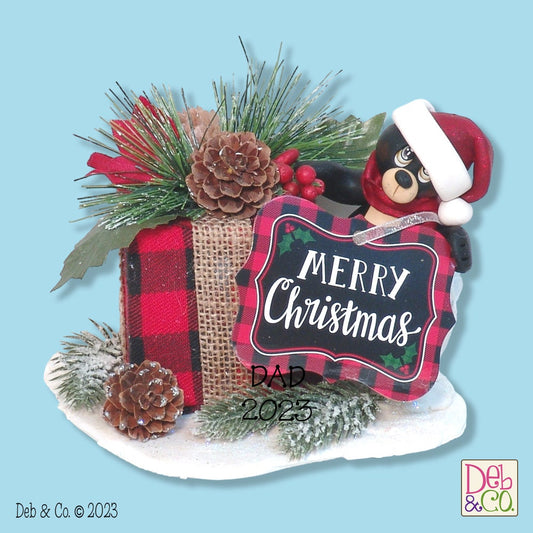 Black Bear with Gift & Pine Cones HANDMADE POLYMER CLAY Christmas Figurine - Tiered Tray Decor