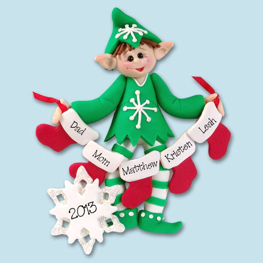 Elf with Stockings Family of 5  Polymer Clay Personalized Christmas Ornament